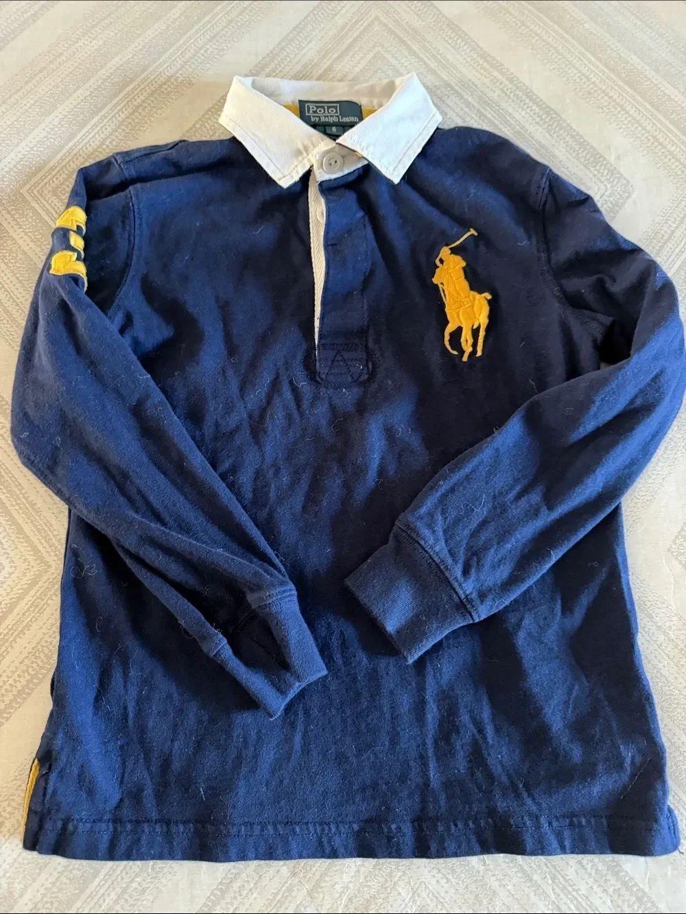 Polo Ralph Lauren Boys Size 6 Navy Rugby Shirt White Collar Yellow Pony Logo
